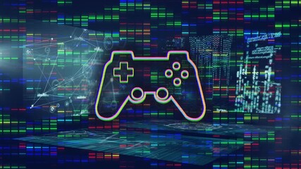 Animation of qr code and binary code over dark background - Powered by Adobe