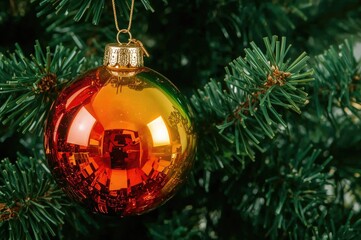 Close-up of a vibrant glass ornament with rainbow hues hanging on a synthetic green festive tree, featuring empty space for text. Holiday spirit and rainbow symbolism concept.