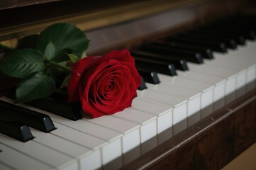 Red rose laying on piano keyboard