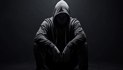 Desperate Young Drug Addict Alone In Dark, Wearing Hood - A Harrowing Image Captured In A Photograph.