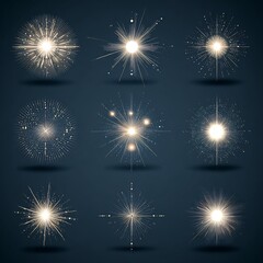 Collection of radiant light bursts and star-like emanations on a dark azure background