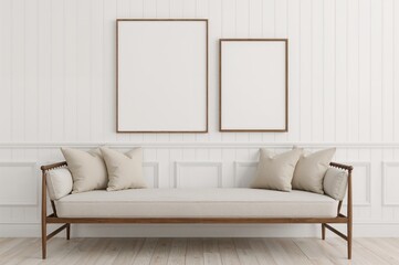 Collection of empty square wooden photo frame mockups with beige velvet and linen cushions on a bench, set against white beadboard wall paneling in a stylish home decor setting