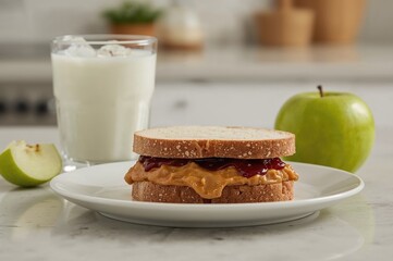Healthy snack with peanut butter and jelly sandwich, green apple, and milk drink
