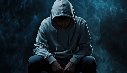 Lonely Youthful Drug Addict In Dark, Wearing Hood, Captured In Photo. Situated Alone And Looking Desperate In The Image.