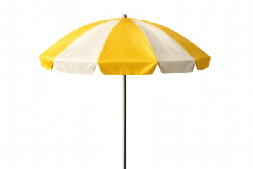 Beach umbrella with yellow-white stripes casting protective shade, standing against transparent background, highlighting summer relaxation