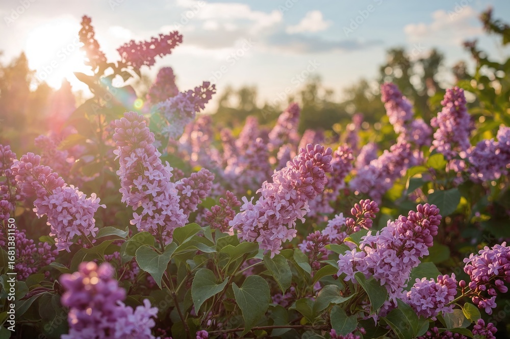 Canvas Prints wide-angle shot of a colorful spectrum illuminating violet blossoms with ample text area.