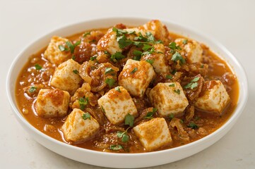 A Famous North Indian Vegetarian Dish Featuring Cubed Cottage Cheese and Abundant Onions in a Rich Sauce