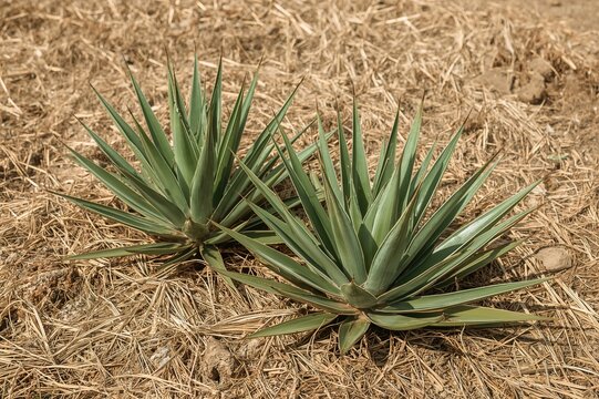 Close-up of agave lurida species growing in a garden bed with bentgrass ground cover