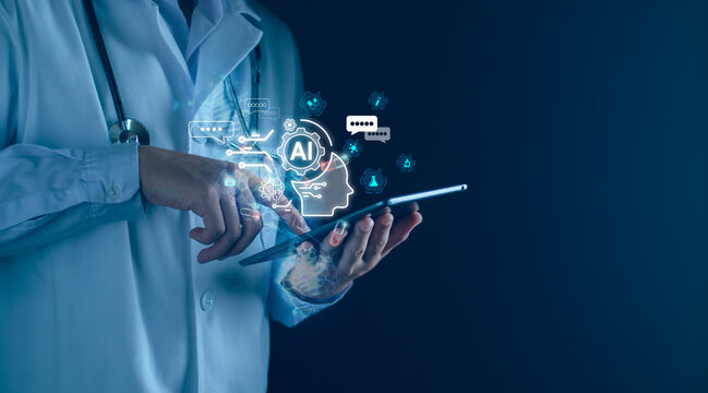 Healthcare AI and medical DNA, Medicine doctor touching tablet, digital healthcare diagnosis for patient, Health insurance, Science, Medical research and development.