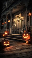 Spooky Halloween Porch - Jack-o'-lanterns & Haunted House