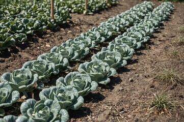 Fototapeta premium Rows of leafy green cabbage plants growing in a community garden with moist earth and neighboring vegetation on a bright spring afternoon