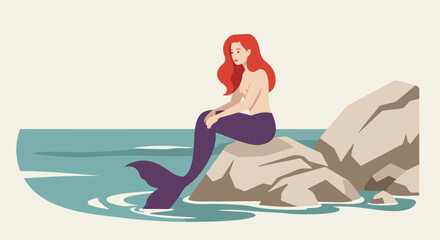 Fototapeta premium Mermaid Sitting Calmly on Rock at Seaside