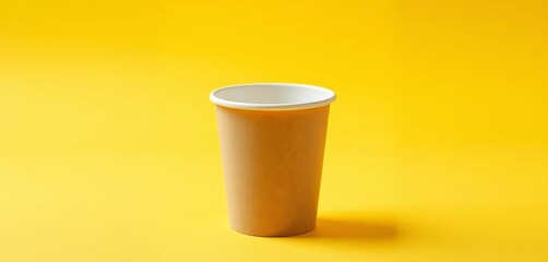 A disposable paper coffee cup sits on a vibrant yellow background,  template,  beverage