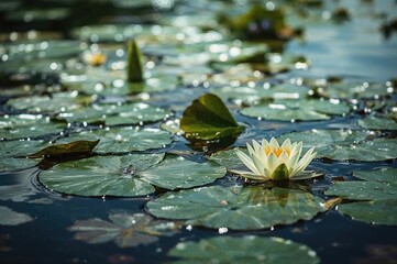Picture showing a backdrop of leaves and bright yellow water lily blossoms on a pond