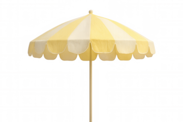 Bright yellow-white beach umbrella providing sun shade, standing against transparent backdrop, ideal for summer marketing materials
