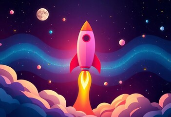 Paper rocket soaring through cosmos, vibrant flat design banner,  craft,  banner