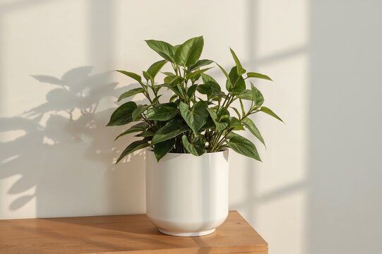 Potted Peperomia caperata Lilian under sunlight with wall shadows, indoor plant maintenance idea.
