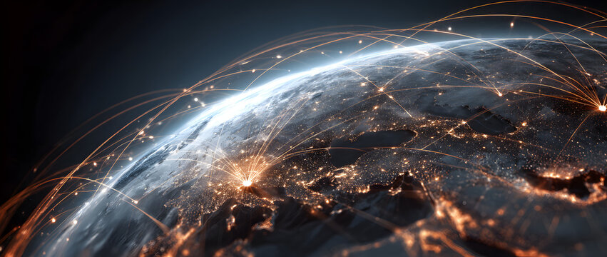 Connection lines around Earth globe/Concept of interet, social media, travelin or logistics, futuristic echnology theme backgroundwith circles and lines.