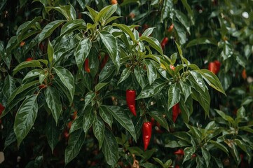Fototapeta premium A fruit-laden chili plant appears lush and inviting, enhanced by raindrops on its leaves, highlighting its natural charm.