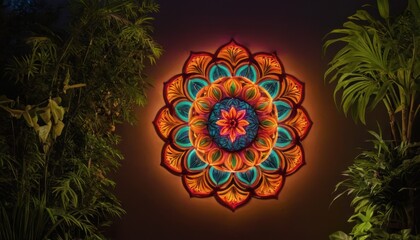 Illuminated Mandala Art Piece Framed by Lush Greenery