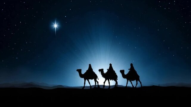 Three wise men ride camels through a vast golden desert at dawn, guided by a brilliant star overhead in the serene sky.