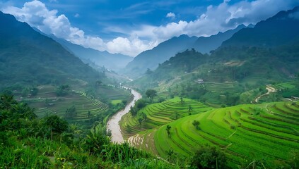 Fototapeta premium Serene valley with winding river and lush green terraced fields surrounded by misty mountains under a dramatic cloudy sky.