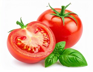Tomato isolated. Tomato whole, half, on white background. Tomatoes with green basil 