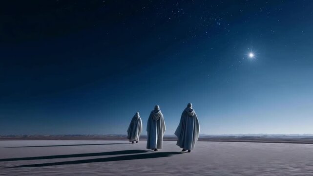 Three wise men travel on foot across a wide, sandy terrain illuminated by a shining star in the night sky.