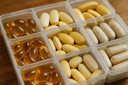A close-up of vitamins and supplements in a pill organizer on a wooden table