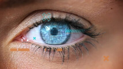 Animation of data processing over eye of caucasian woman - Powered by Adobe