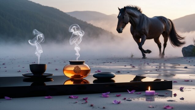 Tea set on a marble podium, soft shadows of bamboo, golden sunset, cherry blossom petals and soft light of lavender candles, majestic horse against the backdrop of a misty mountain valley, and zen zon