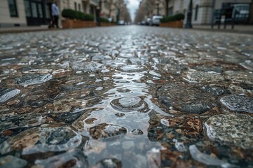 Fototapeta premium Water collects on the sidewalk, forming shiny patches that highlight the texture and hues of the underlying stones.