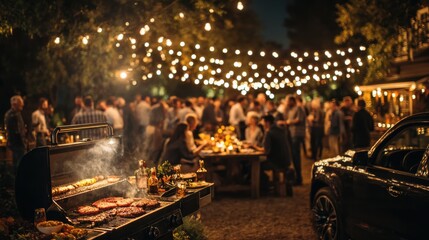 Outdoor evening barbecue party with smoky grill, twinkling string lights, and lively atmosphere for social gathering enjoyment