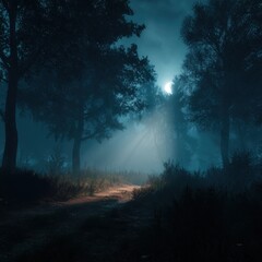 Naklejka premium Moonlit Forest Path - Mystical Night Scene