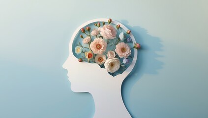 A paper cut human head with blooming flowers inside on a soft blue background. World mental health day concept.