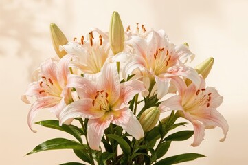 Fototapeta premium Lovely blooming lilies in shades of pink, yellow, and white. An enchanting floral celebration.