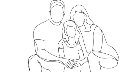 Parents and Little Girl. Minimalist Family Outline in Continuous Line Illustration