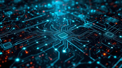 Digital Circuit Board. futuristic, seamless pattern that looks like a stylized circuit board or network grid. The design features glowing, interconnected lines, microchips, and abstract data points
