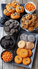 Spooky Halloween monster cookies, chocolate chips, and candy assortment displayed on rustic wood.