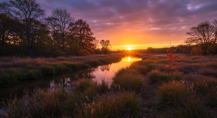 Breathtaking sunset paints autumn sky over tranquil river reflecting golden light and vibrant foliage