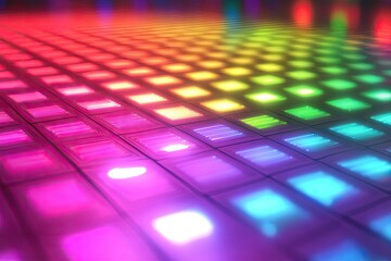 A vibrant, colorful grid of illuminated squares creates a dynamic, perspective-shifting pattern, glowing with a rainbow of hues and subtle light streaks