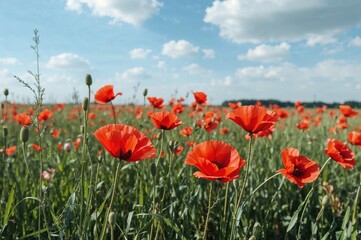 Floral pattern featuring poppies with a summer sky backdrop