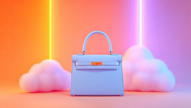 Light-blue handbag on a pastel background with clouds