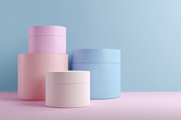 Three cylindrical containers, stacked and tiered, in pastel colors on a pastel background