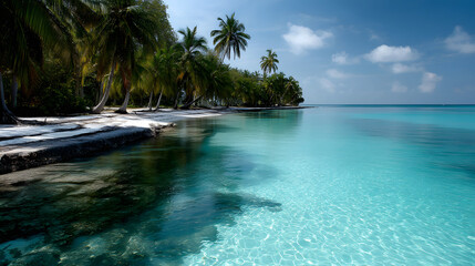 A peaceful tropical coastline with crystal-clear watr, white sand, and tall pam trees lining the shore.