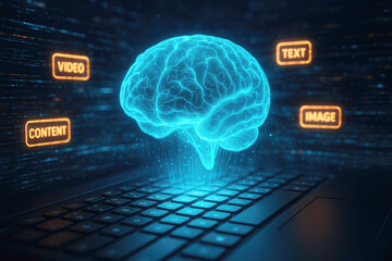 Artificial Intelligence Brain Processing Digital Content on Laptop Keyboard technology