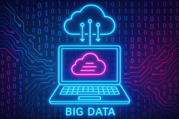Big Data Concept with Neon Cloud and Laptop Displaying Data Flow information technology