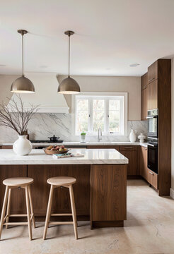A warm and inviting modern kitchen with beautiful wood cabinets, a large marble-topped island, and stylish pendant lights, creating a chic and functional space.

