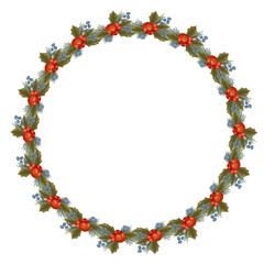 A hand-drawn vector Christmas wreath with red and blue berries, holly leaves, and fir branches. Perfect for holiday cards, invitations, and festive designs