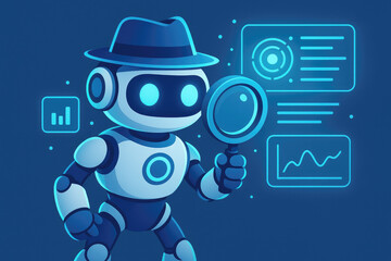 Cartoon robot wearing a fedora holding a magnifying glass and examining data charts analytics